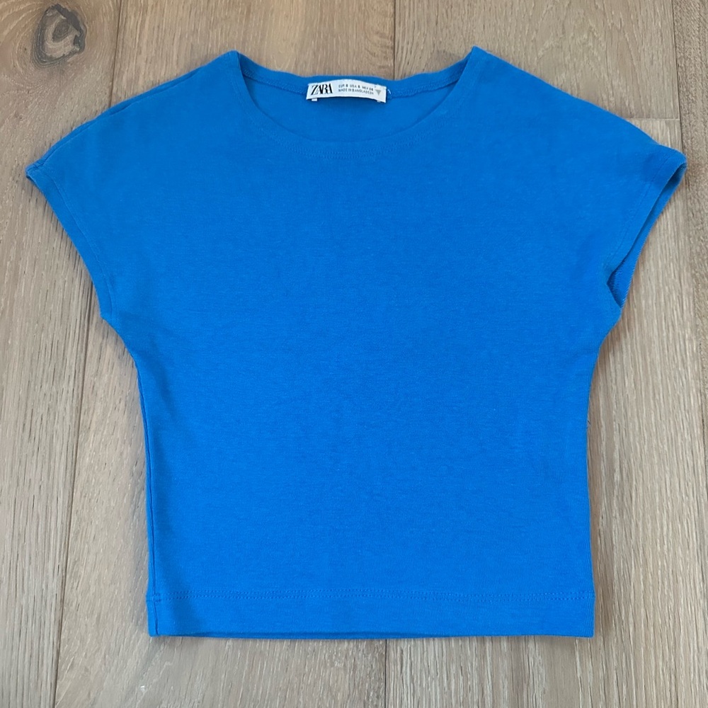 zara blue cotton and modal crop top
